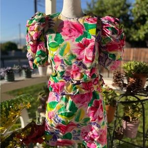 Othr Pink Green Floral Puff Sleeve Mini Dress